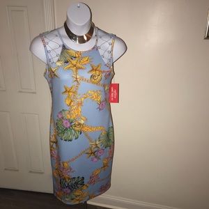 NWOT Beautiful Scarf Print Dress with Seashells Design & Gold Hardware Accents